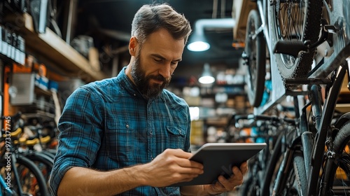 Small business owner using digital tablet in a cycle store photo