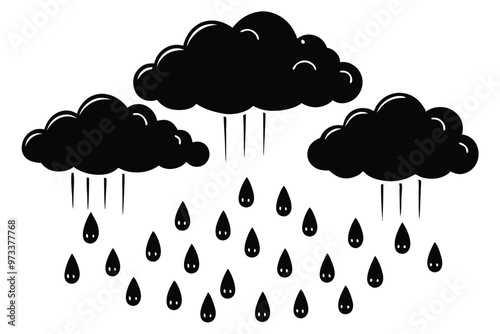 Cloud with rain drop. Outline and silhouette vector illustration isolated on white background. Weather icon. Cloud and raindrops