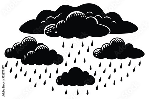 Cloud with rain drop. Outline and silhouette vector illustration isolated on white background. Weather icon. Cloud and raindrops