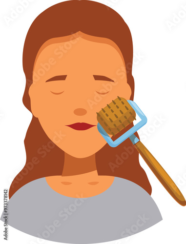Woman is massaging her face with a derma roller to improve her skin tone, reduce wrinkles and stimulate collagen production