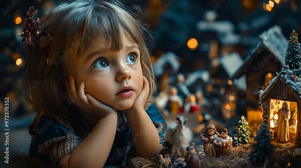 Child's wide-eyed expression as they gaze at a Christmas nativity scene, filled with wonder and awe. 4K hyperrealistic photo. Child's wide-eyed expression as they gaze at a Christmas nativity scene, filled with wonder and awe. 4K hyperrealistic photo.
