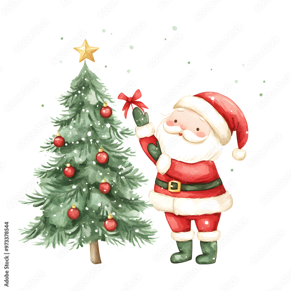 A cartoonish Santa Claus is holding a bow on a Christmas tree A cartoonish Santa Claus is holding a bow on a Christmas tree