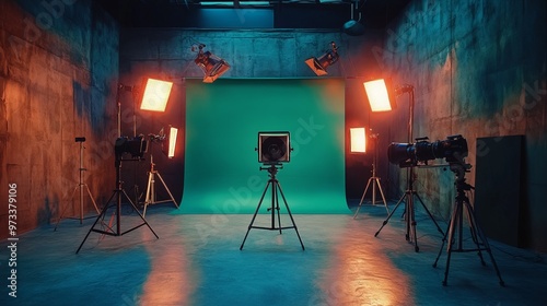 Professional photo studio setup with green chroma key background and lighting equipment. Videography concept. photo