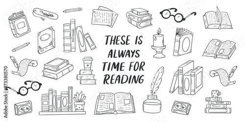Books doodles set, reading, education library collection for prints, coloring pages, cards, social media, planners, scrapbooking, etc. EPS 10