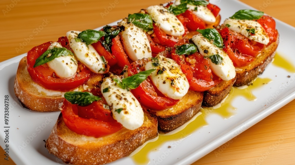 A plate of bread topped with tomatoes, mozzarella and basil, AI A plate of bread topped with tomatoes, mozzarella and basil, AI
