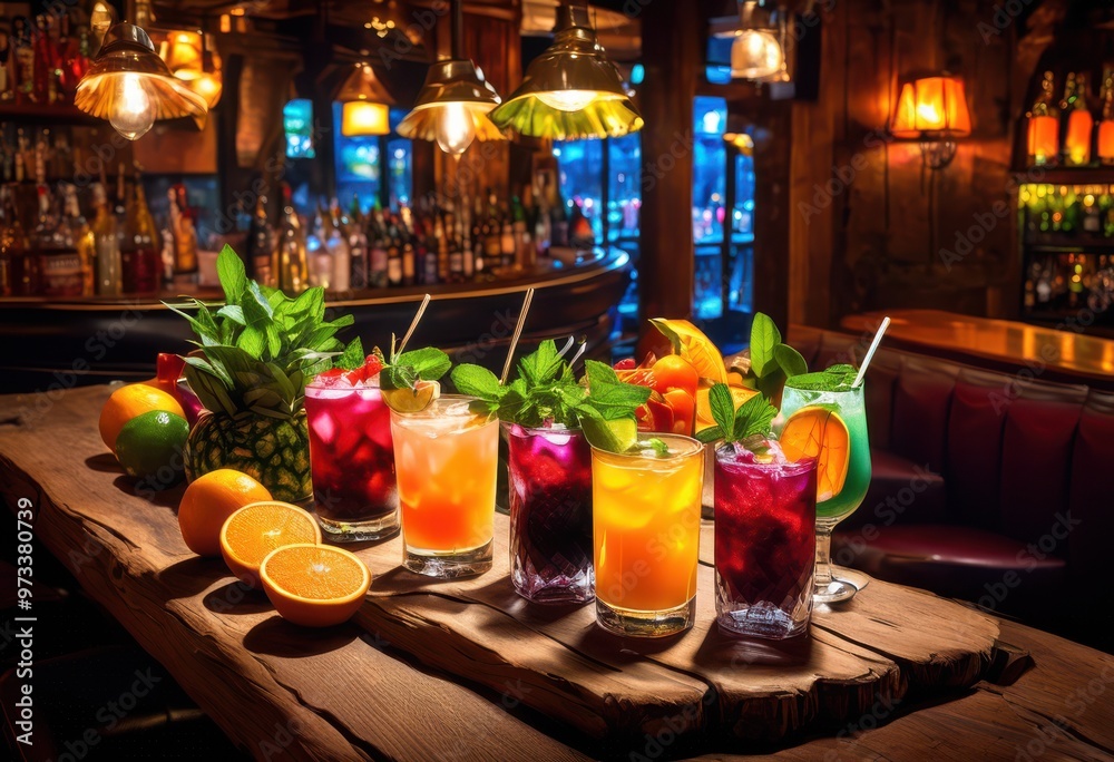 Fototapeta premium vibrant drinks made from fresh fruits vegetables served lively pub atmosphere enticing garnishes appealing presentations, beverages, cocktails, juices