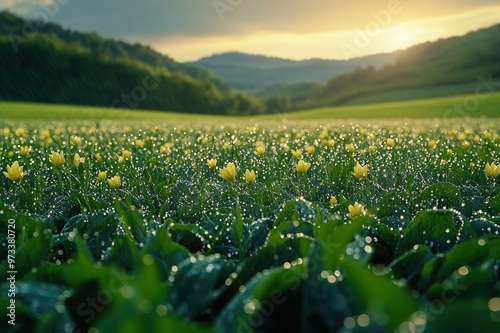 Morning Dew on Fresh Organic Farmland at Sunrise A serene photo