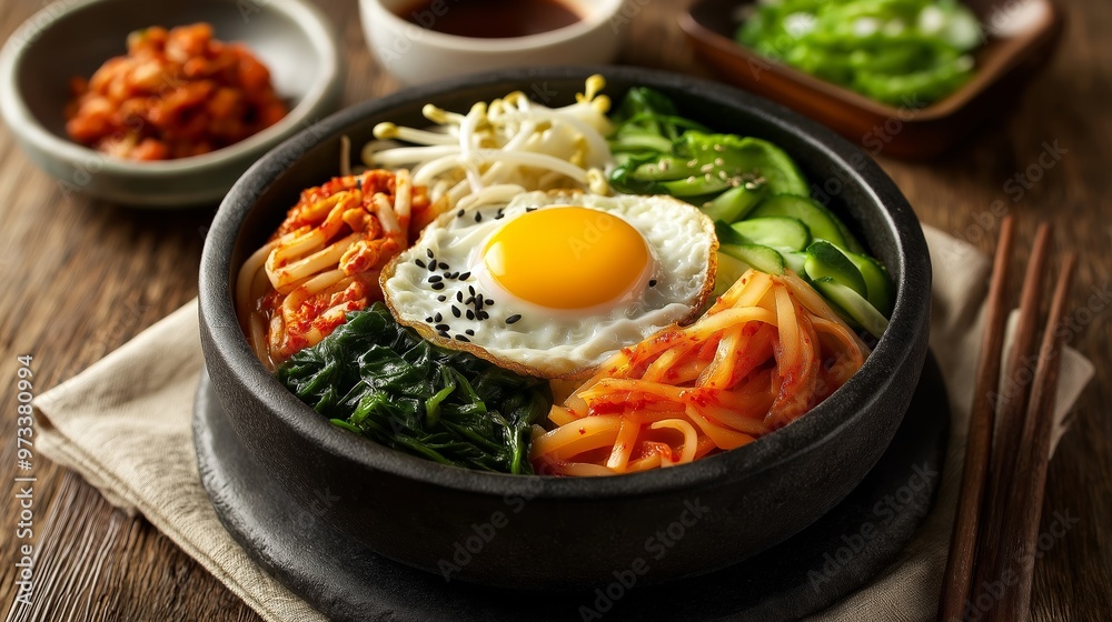 Korean bibimbap with fried egg and vegetables being served Korean bibimbap with fried egg and vegetables being served