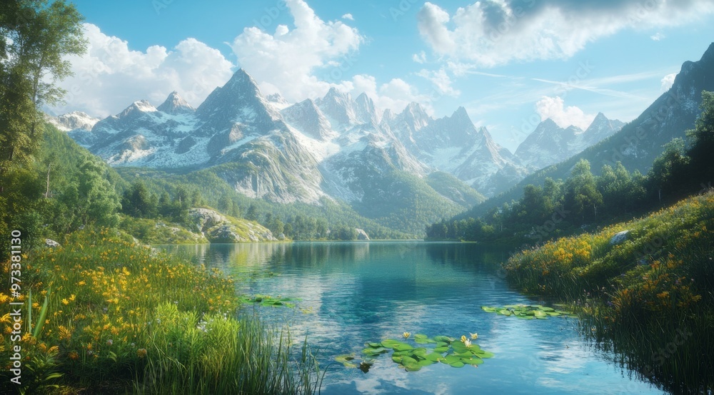 Fototapeta premium Breathtaking Mountain Landscape with Pristine Lake and Lush Forest in Scenic Alpine Setting