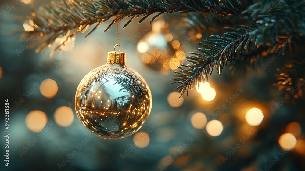 Close-up of delicate glass Christmas ornaments hanging on a fir tree branch, reflecting the soft glow of fairy lights. 4K hyperrealistic photo. Close-up of delicate glass Christmas ornaments hanging on a fir tree branch, reflecting the soft glow of fairy lights. 4K hyperrealistic photo.