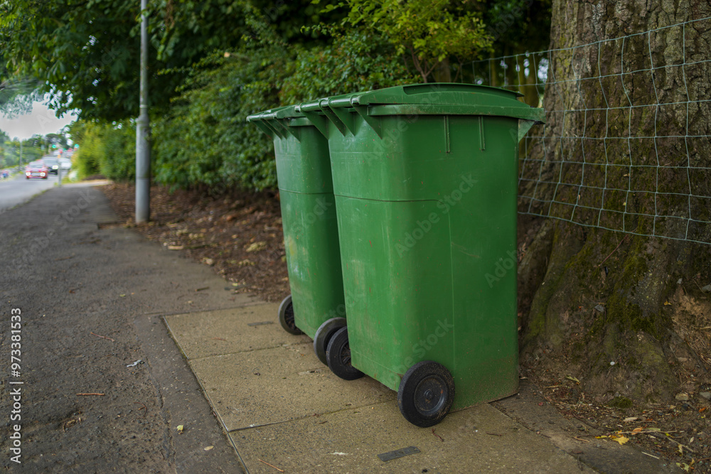 UK green waste wheelie wheeled bins on pavement beside tree trunk on busy road UK green waste wheelie wheeled bins on pavement beside tree trunk on busy road