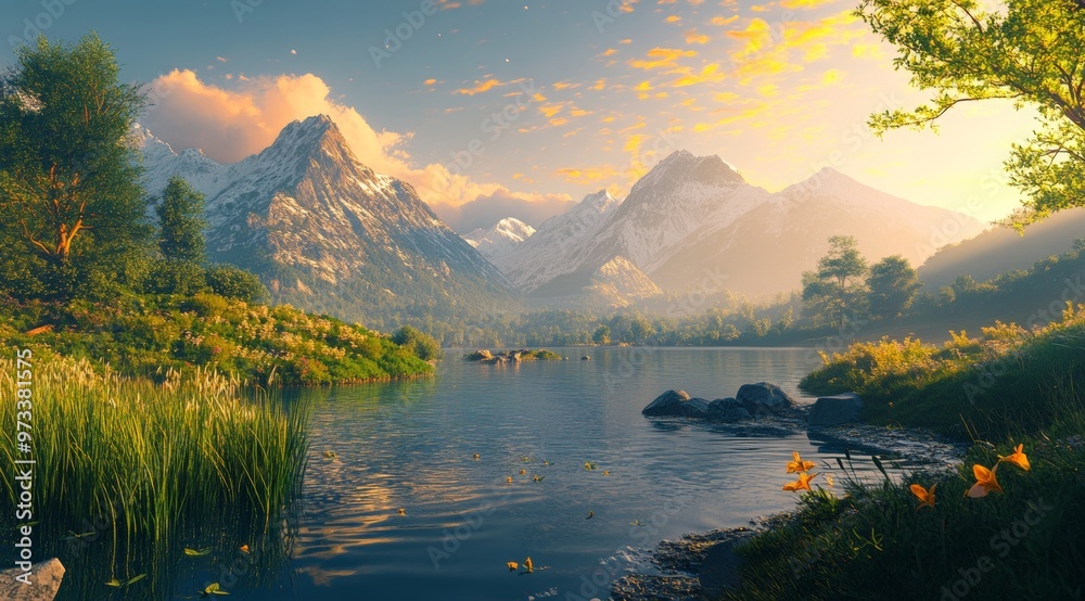 Obraz premium Breathtaking Mountain Landscape with Tranquil Lake Reflection at Sunset