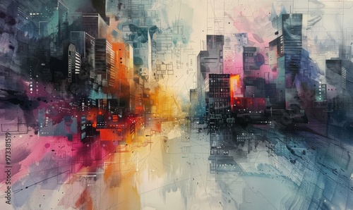 abstract watercolor painting of city buildings, the blurred buildings immersed with bits of light pencil lines and muted colors