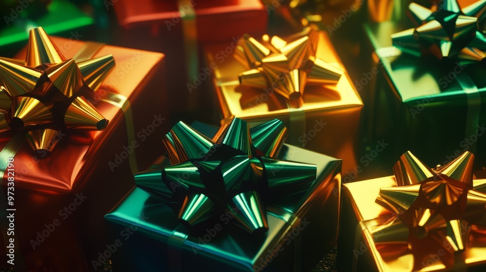 Gift bows in a gradient from vibrant green to rich gold, placed neatly on wrapped presents under the tree. 4K hyperrealistic photo.