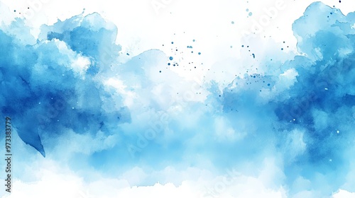 An abstract background with splatters resembling a clear, blue sky and fluffy clouds in watercolor