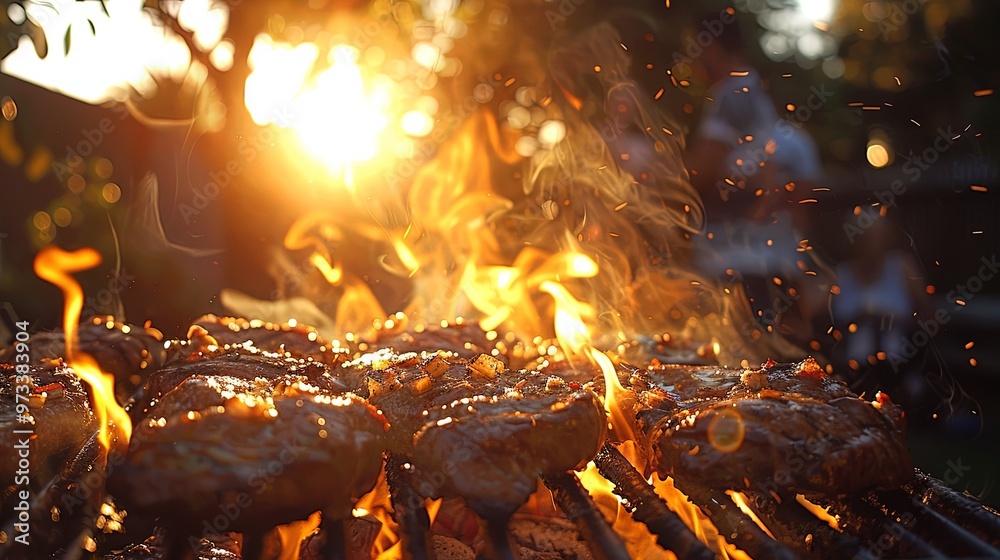 Steaks sizzling on a barbecue grill with flames roaring, captured during the golden hour, bringing out the rich textures and colors as the sun sets in the background, highlighting an outdoor feast. Steaks sizzling on a barbecue grill with flames roaring, captured during the golden hour, bringing out the rich textures and colors as the sun sets in the background, highlighting an outdoor feast.