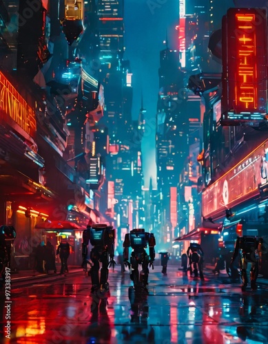 A futuristic city street illuminated by neon lights, featuring towering buildings and robotic figures walking through the rain-soaked pavement. The vibrant colors and cyberpunk atmosphere create a