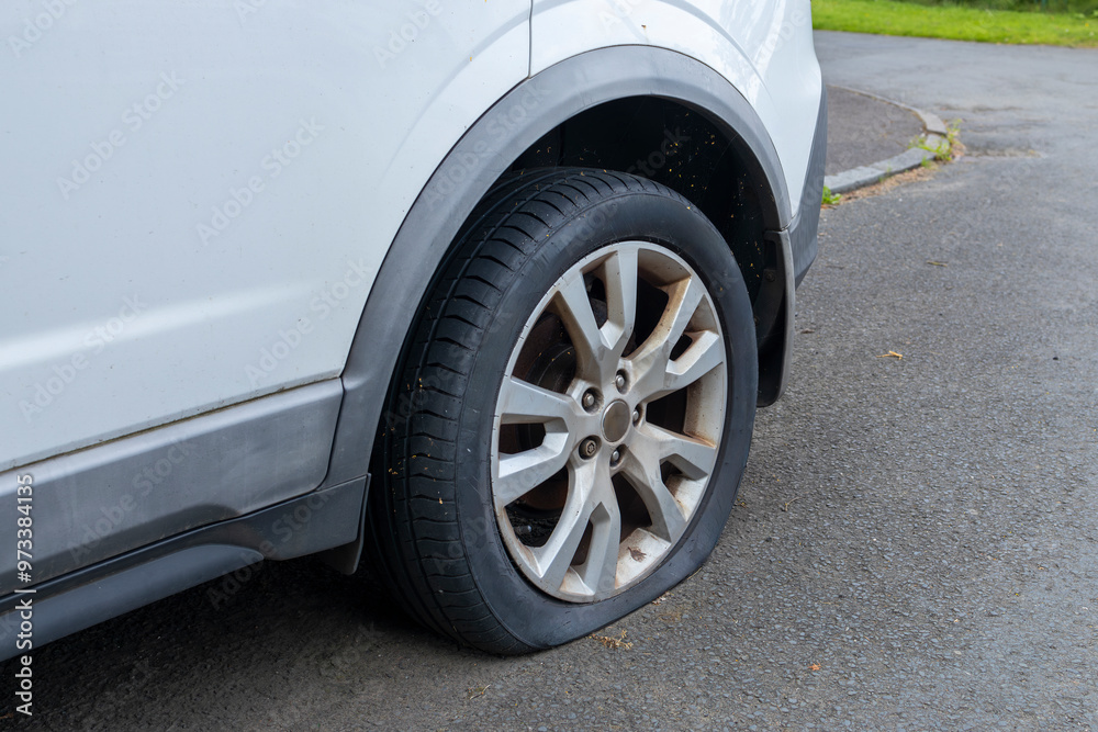 Concept of failure, breakdown, stuck, trouble, being late and let down represented by a car flat tyre Concept of failure, breakdown, stuck, trouble, being late and let down represented by a car flat tyre
