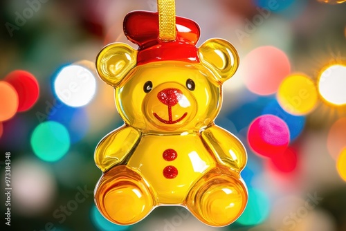 Delightful yellow teddy bear ornament hanging among vibrant Christmas lights, capturing the joyful essence of the holiday spirit in a cozy home setting photo