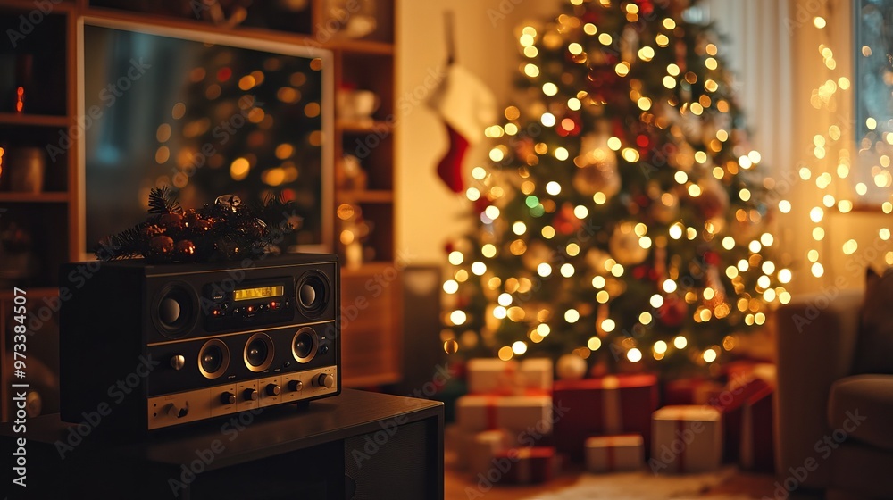 Organizing Christmas music and movies for a cozy holiday night, with a decorated tree and warm lights in the background. 4K hyperrealistic photo. Organizing Christmas music and movies for a cozy holiday night, with a decorated tree and warm lights in the background. 4K hyperrealistic photo.