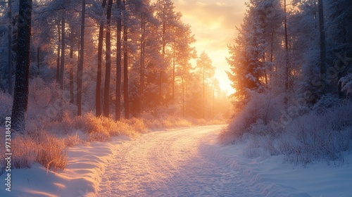 Snow-covered forest path illuminated by the soft glow of a winter sunrise, with frosty trees and a blanket of untouched snow creating a serene atmosphere. 4K hyperrealistic photo. photo