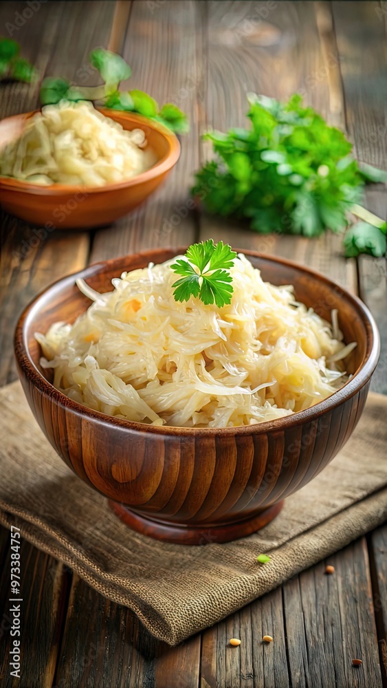 From above shot of ceramic bowl with delectable fermented cabbage and fork standing on napkin on white background From above shot of ceramic bowl with delectable fermented cabbage and fork standing on napkin on white background