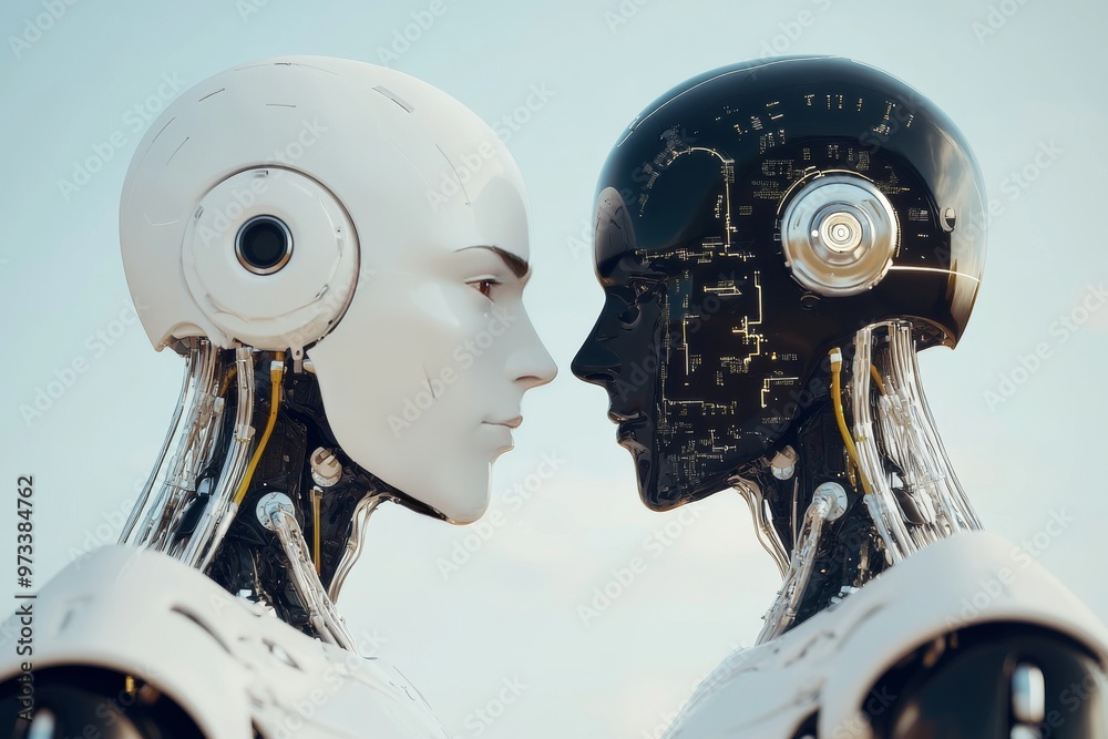 Fototapeta premium Robotic control optical sensor molecular computation robotic feedback and neurointerface two humanoid robots facing each other with mechanical differences in black and white designs