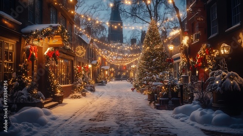 Snow-covered street in a small town, with festive lights strung between buildings and a decorated Christmas tree in the town square. 4K hyperrealistic photo.