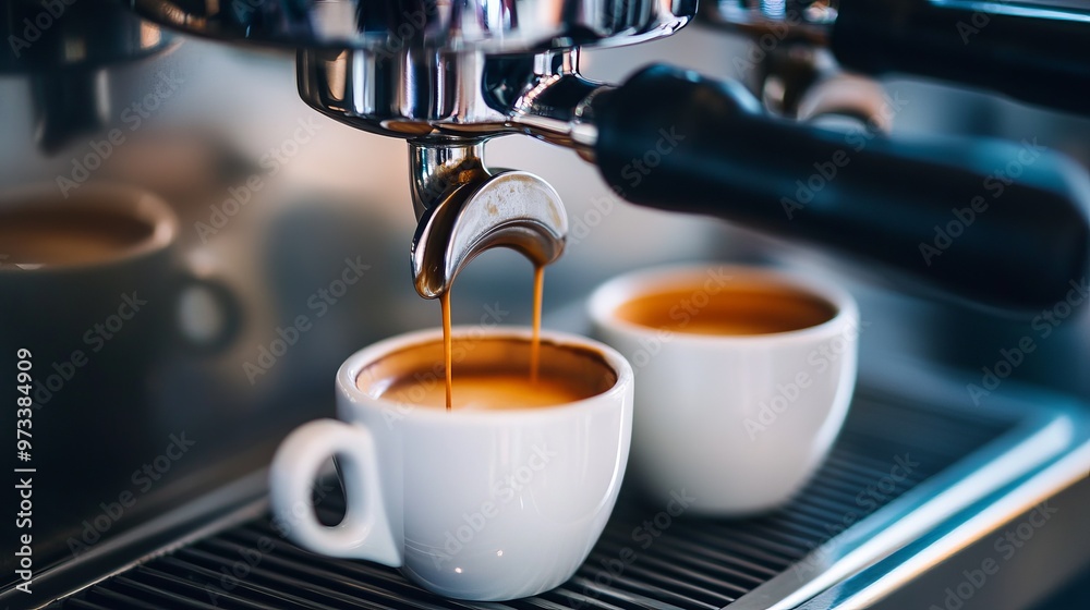 An espresso machine is actively dispensing coffee into two white ceramic cups, with some spillage seen around demonstrating the genuine and lively café experience. An espresso machine is actively dispensing coffee into two white ceramic cups, with some spillage seen around demonstrating the genuine and lively café experience.