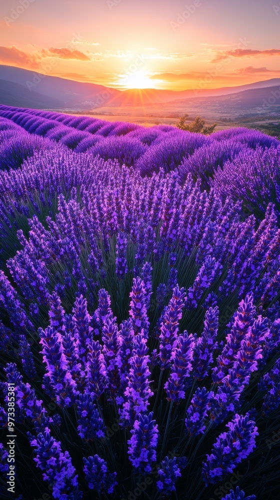 Fototapeta premium Endless Lavender Fields Against a Serene Sunset Sky