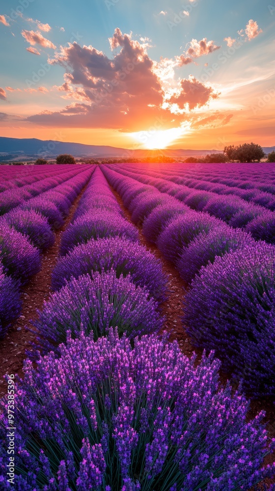 Obraz premium Endless Lavender Fields at Serene Sunset with Breathtaking Scenic Landscape