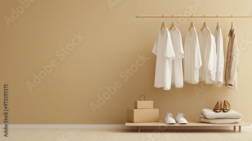 Clothes hanging on a rail, shoes and package on beige background