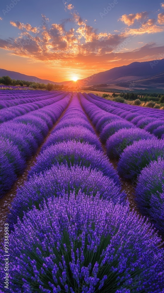 Obraz premium Endless Lavender Fields at Sunset in a Serene Pastoral Landscape