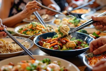 Asian Eating. Friends eating tasty Chinese food at table