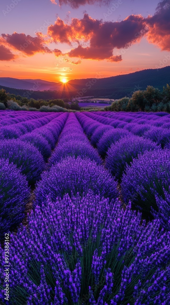 Obraz premium Endless Lavender Fields Stretching Under a Vibrant Sunset Sky