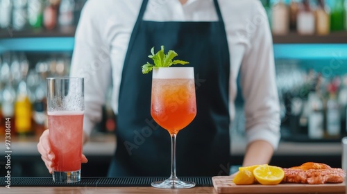 Elegant Bartender Serving Cocktails at Stylish Bar with Highlighted Food Menu, Ideal for Upscale Dining Experience, Copy Space Available photo