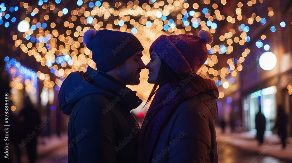 Photo of two amorous pair in love at x-mas midnight illuminated streets standing opposite going to kiss wearing warm jackets outside Photo of two amorous pair in love at x-mas midnight illuminated streets standing opposite going to kiss wearing warm jackets outside