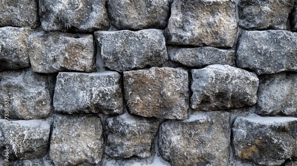 Rough texture of a stone wall covered in frost, with ice crystals forming on the uneven surface. 4K hyperrealistic photo. Rough texture of a stone wall covered in frost, with ice crystals forming on the uneven surface. 4K hyperrealistic photo.