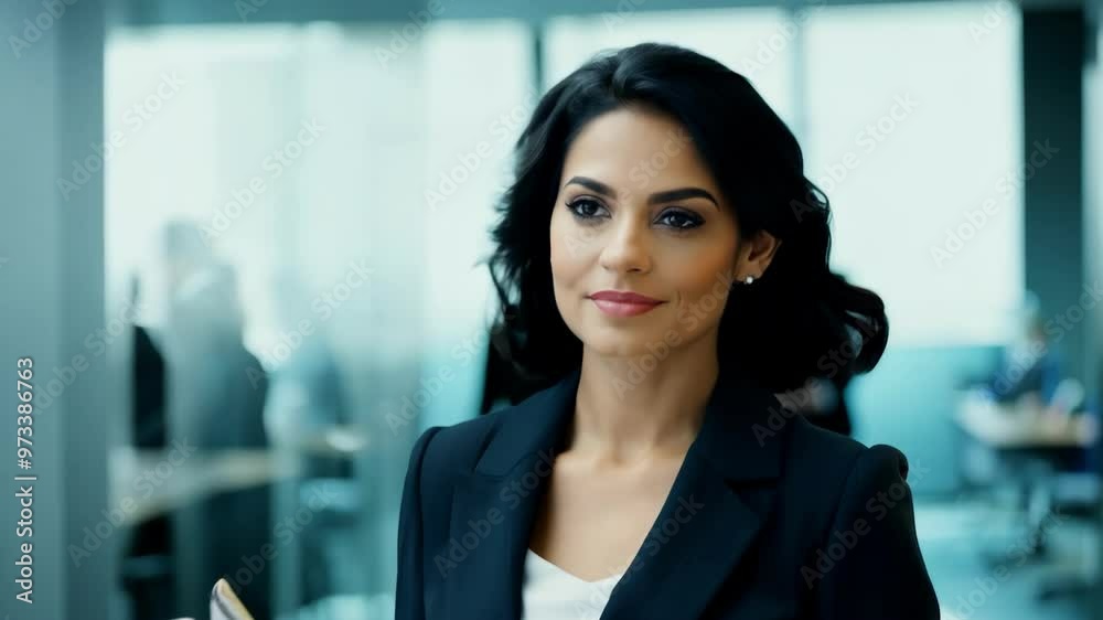 A confident businesswoman in a modern office setting, holding documents and smiling. The image captures a professional and empowered corporate atmosphere, showcasing leadership and success. A confident businesswoman in a modern office setting, holding documents and smiling. The image captures a professional and empowered corporate atmosphere, showcasing leadership and success.