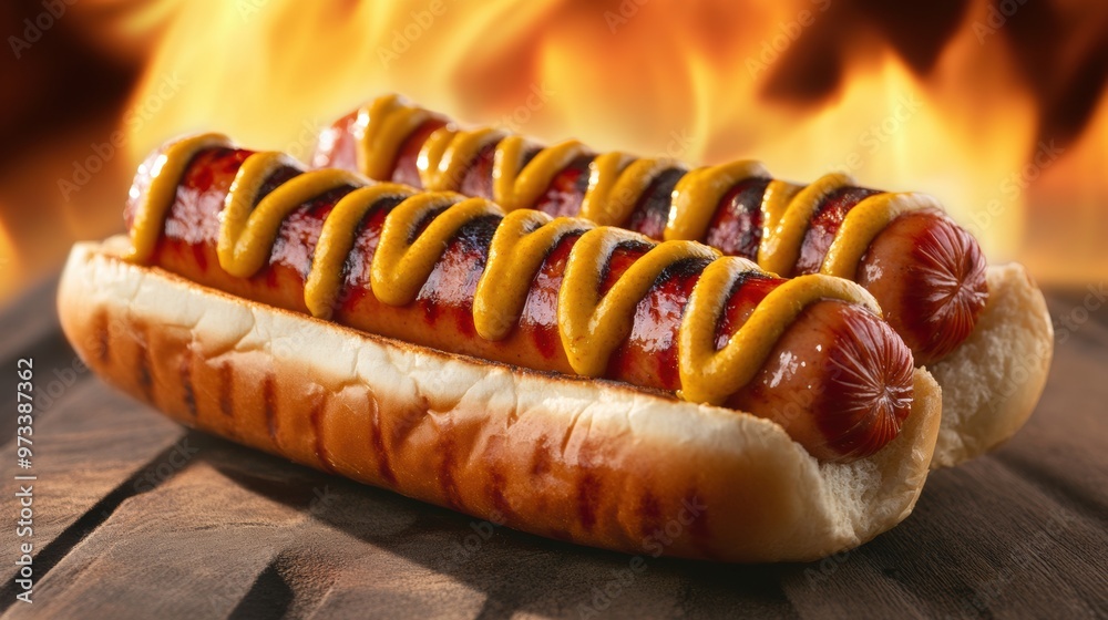 Φωτογραφία Two hot dogs with mustard and ketchup on a wooden table, AI