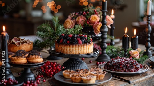 A festive holiday table set with traditional Christmas treats and decorations, with a dark twist: black candles, gothic tableware, and shadowy figures in the background