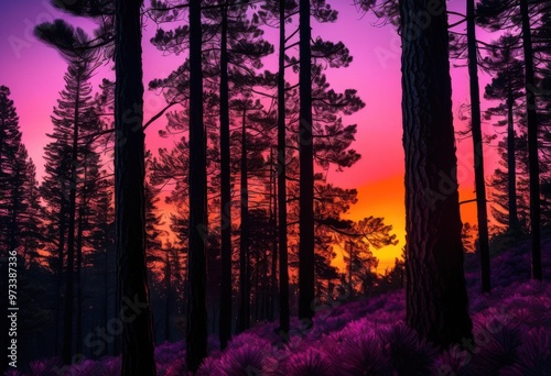 stunning pine forest silhouette vibrant sunset sky rich colors textures, trees, nature, landscape, evening, clouds, beauty, outdoors, scenery, sunlight