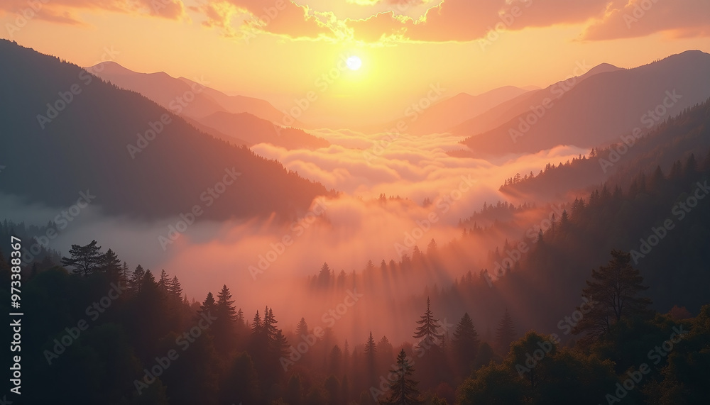 majestic sunrise over a foggy mountain valley with golden light streaming through. majestic sunrise over a foggy mountain valley with golden light streaming through.