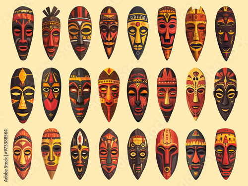 Africans tribal masks. Ethnic decorative ritual symbol design, voodoo face souvenir, aztec culture religions traditional element, set vector illustration