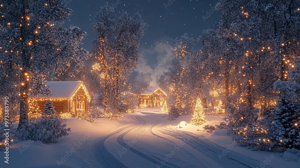 Outdoor Christmas scene with snow-covered trees, holiday lights, and a warmly lit home in the background. 4K hyperrealistic photo. Outdoor Christmas scene with snow-covered trees, holiday lights, and a warmly lit home in the background. 4K hyperrealistic photo.
