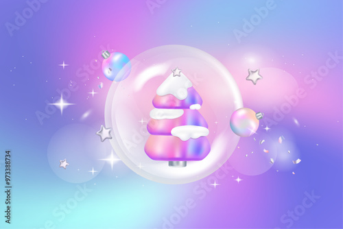 Christmas ball toy in chrome gradient color style. Winter holiday gradient pastel and bokeh star galaxy background. illustration vector premium.