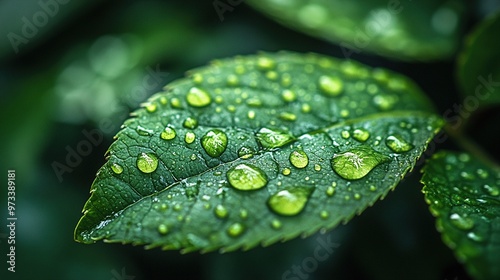 Close-up of raindrops on a vibrant green leaf