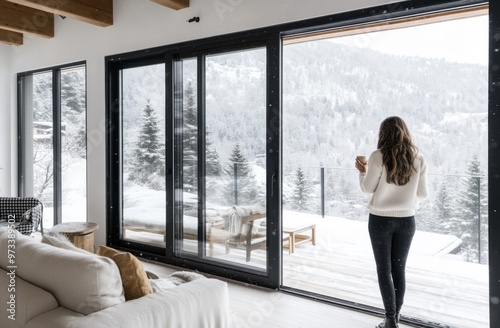 Free Download A woman stands in the living room of her modern, cozy, and minimalist house with large windows overlooking snow-covered mountains during winter, sipping coffee while admiring the beautiful view - GFXLoad