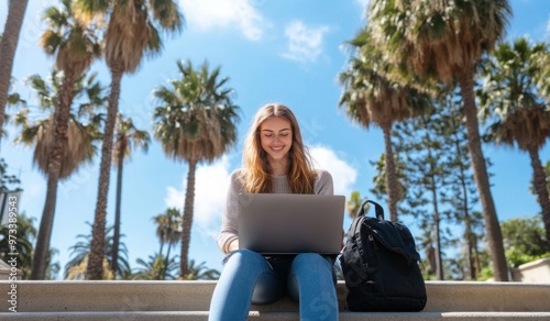 Happy young woman, student, sitting in park on stone steps and working on laptop, palm trees in background. Cute girl seems to be studying online or doing distance learning during school trip