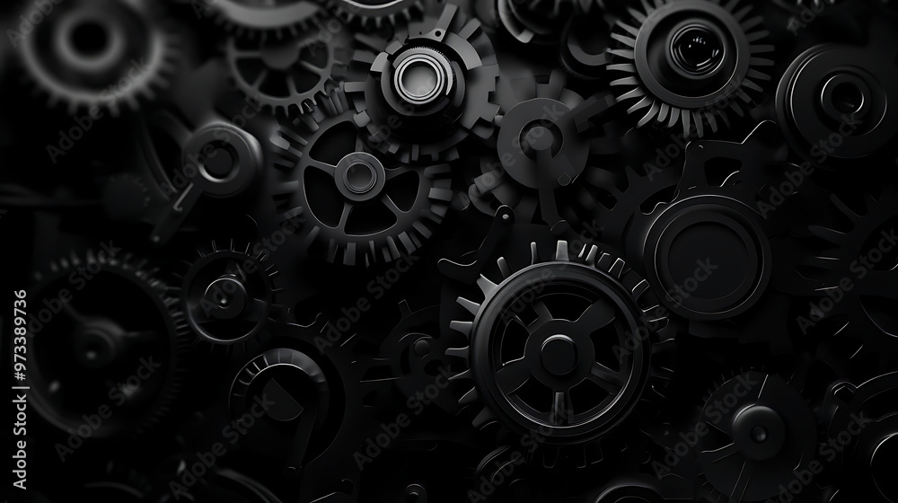 A close-up of a complex system of interlocking gears, creating a mesmerizing pattern of black metal. A close-up of a complex system of interlocking gears, creating a mesmerizing pattern of black metal.